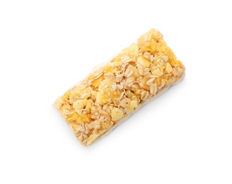 Photo of Tasty protein bar on white background, top view