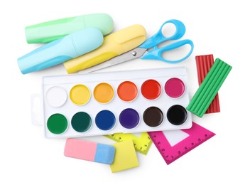 Many different school stationery isolated on white, top view