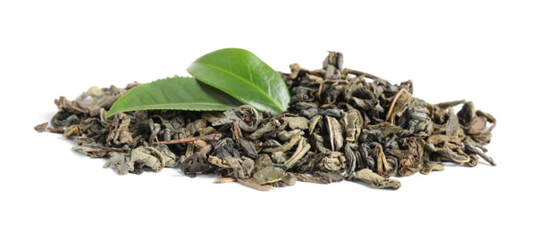 Photo of Dry and fresh tea leaves isolated on white
