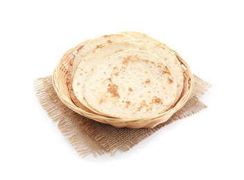 Photo of Tasty homemade tortillas in wicker basket isolated on white