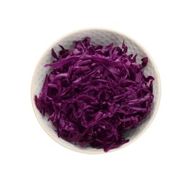 Photo of Bowl with tasty red cabbage sauerkraut isolated on white, top view