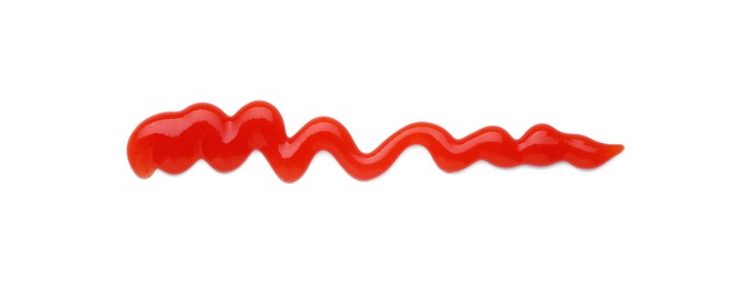 Photo of Tasty ketchup smear isolated on white, top view. Tomato sauce
