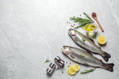 Photo of Flat lay composition with raw cutthroat trout fish on light grey marble table, space for text