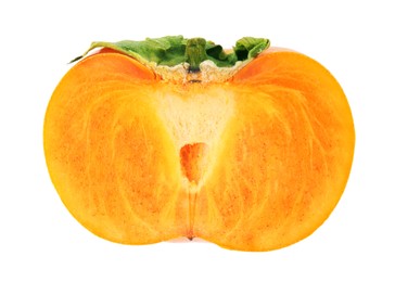 Photo of Half of delicious ripe juicy persimmon isolated on white, top view