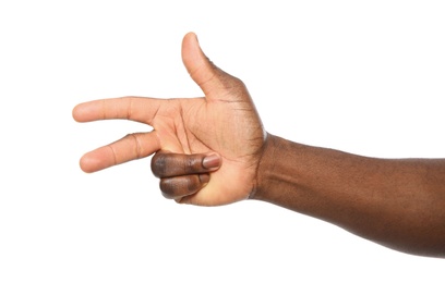 Photo of African-American man showing number TWO on white background, closeup
