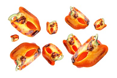 Image of Slices of grilled bell peppers in air on white background