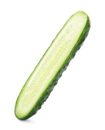 Photo of Half of fresh ripe cucumber on white background