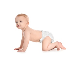 Photo of Cute little baby crawling on white background