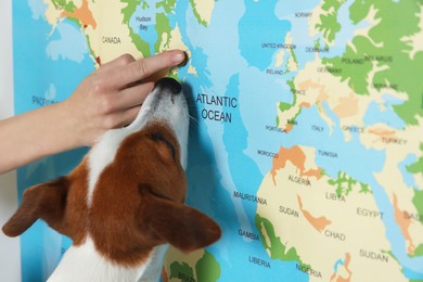 Photo of Woman with dog pointing at location on world map, closeup. Travel with pet concept