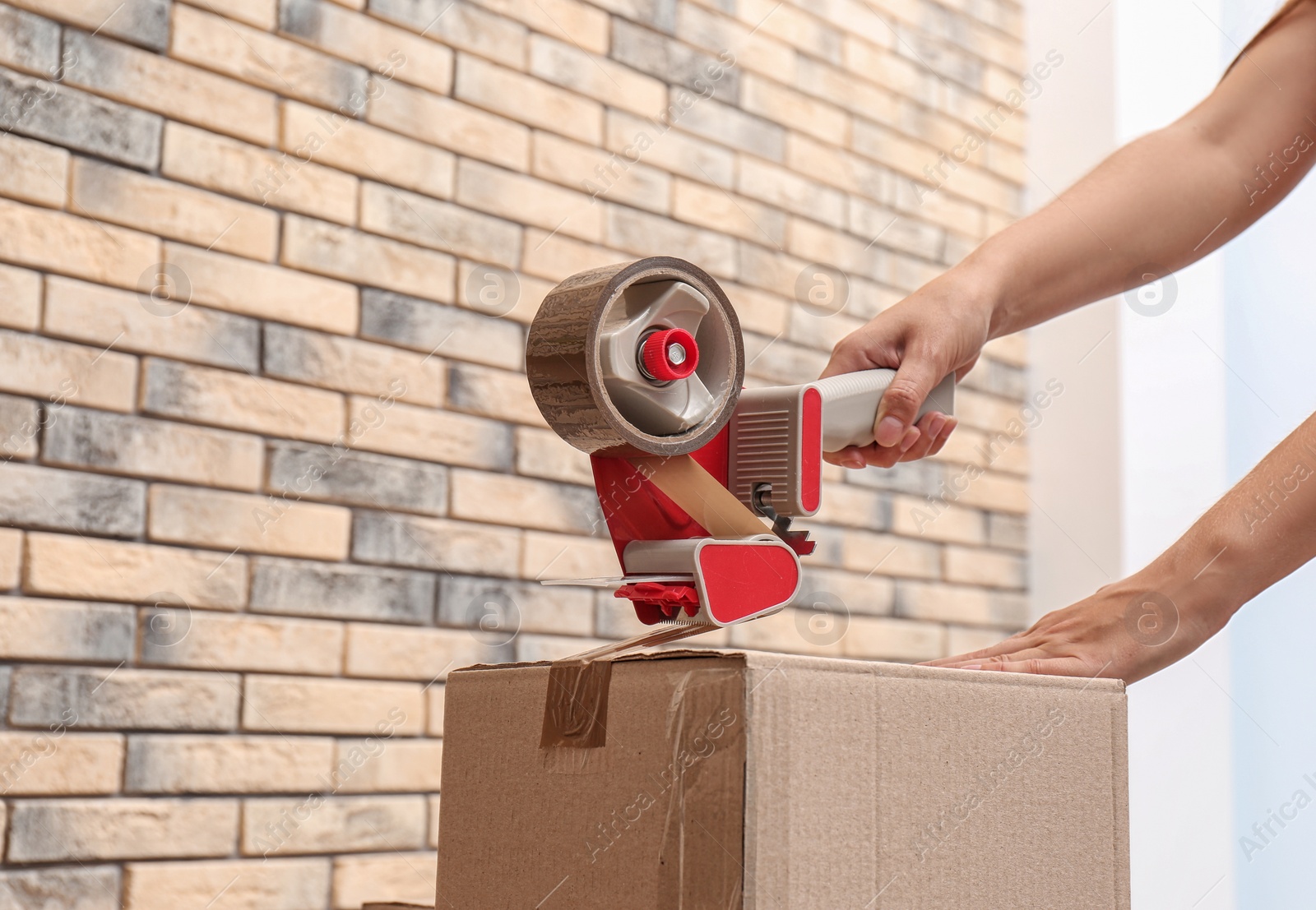 Photo of Woman packing carton box indoors, closeup. Moving day