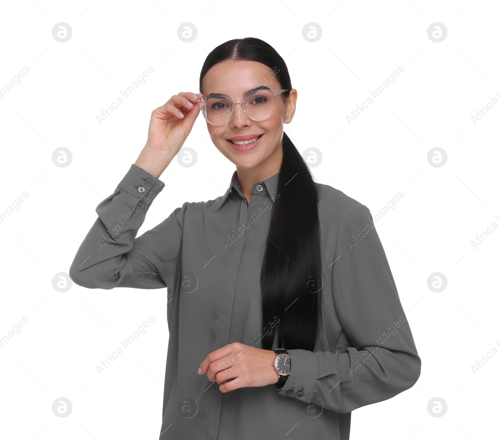 Photo of Portrait of smiling woman in glasses on white background. Lawyer, businesswoman, accountant or manager