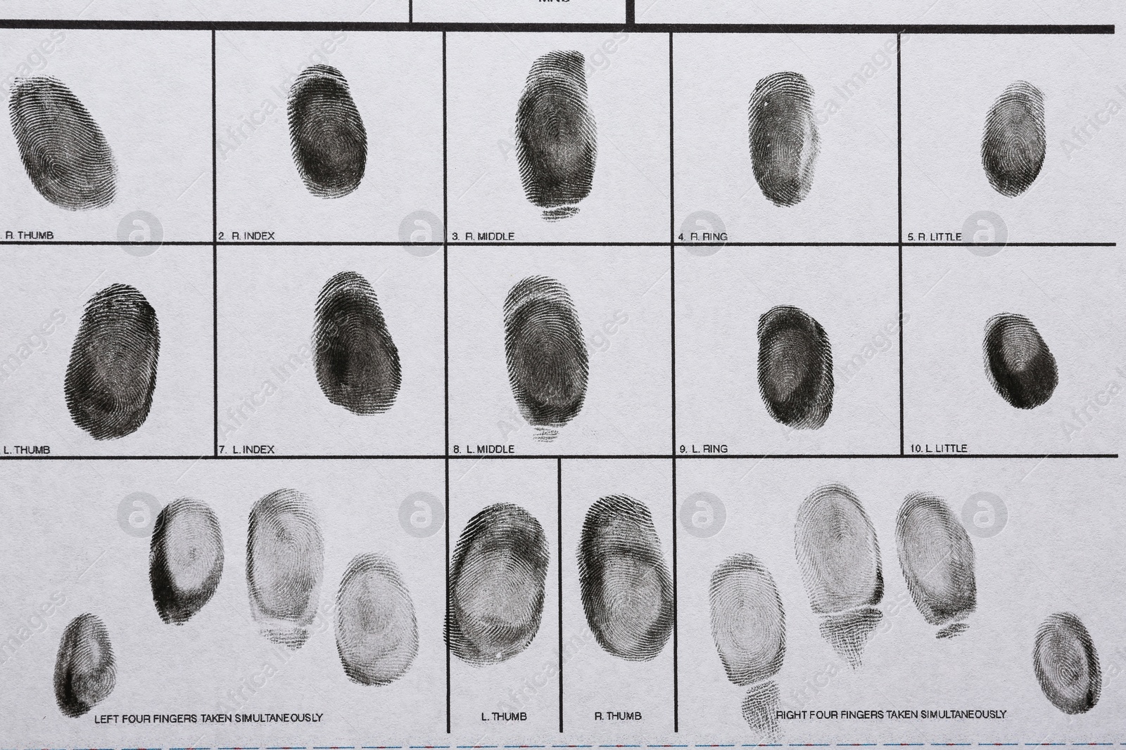 Photo of Fingerprint record sheet, top view. Criminal investigation