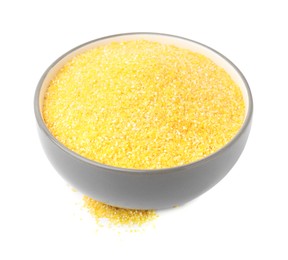 Raw cornmeal in bowl isolated on white