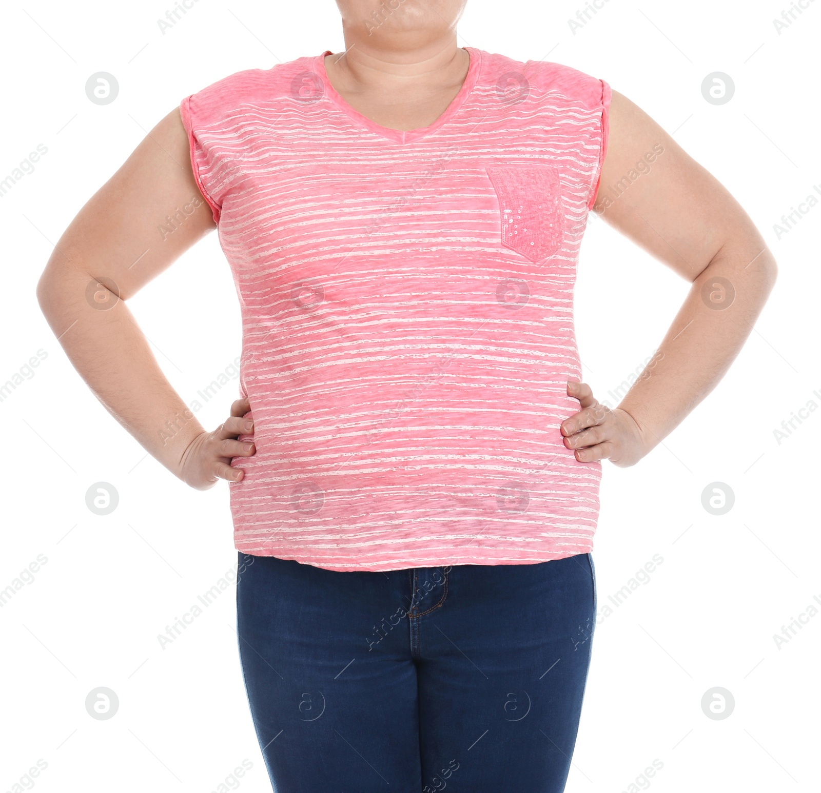 Photo of Overweight woman on white background, closeup. Weight loss