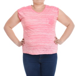 Overweight woman on white background, closeup. Weight loss