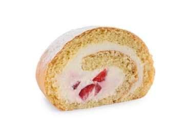 Photo of Slice of delicious sponge cake roll with strawberries and cream on white background