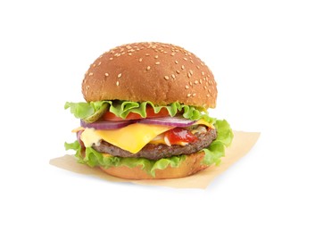 Photo of Delicious burger with beef patty and lettuce isolated on white