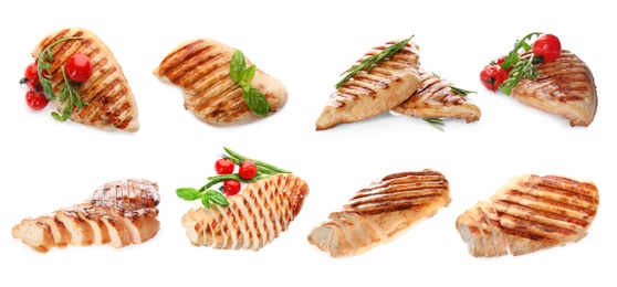 Set of grilled chicken breasts on white background. Banner design 