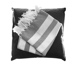 Stack of decorative pillows and plaid isolated on white, top view