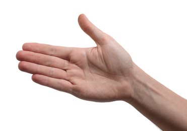 Man offering handshake on white background, closeup