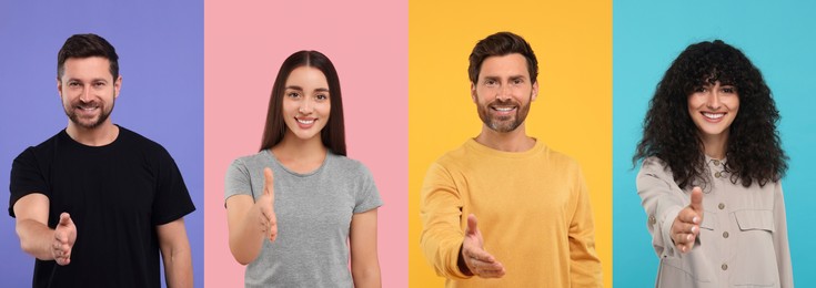 Image of People welcoming on different color backgrounds, collage with photos