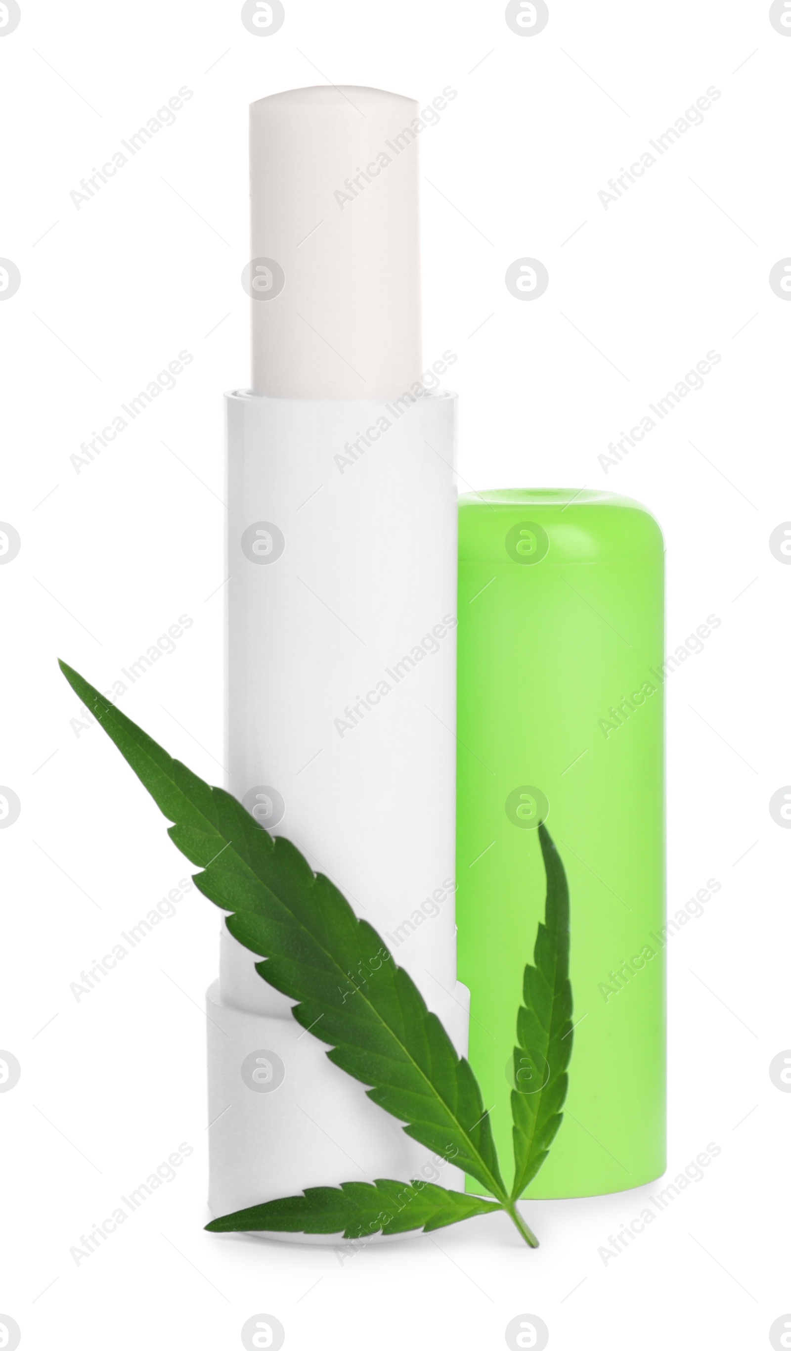 Photo of Hemp lipstick and green leaf on white background. Natural cosmetics