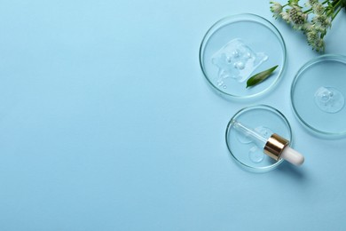 Petri dishes with samples of cosmetic oil, pipette and flowers on light blue background, flat lay. Space for text