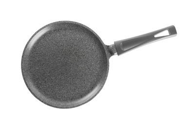 New crepe frying pan isolated on white, top view. Cooking utensil