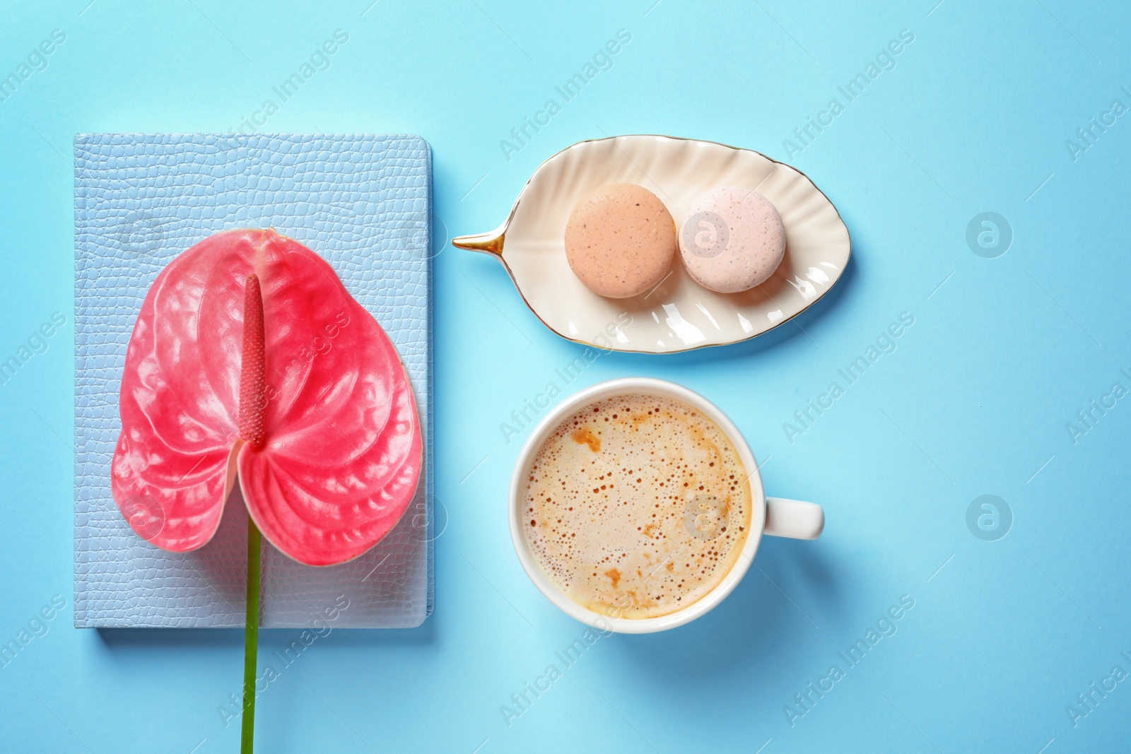 Photo of Creative flat lay composition with tropical flower, cup of coffee and macaroons on color background