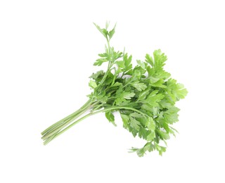 Photo of Bunch of fresh green parsley leaves isolated on white, top view
