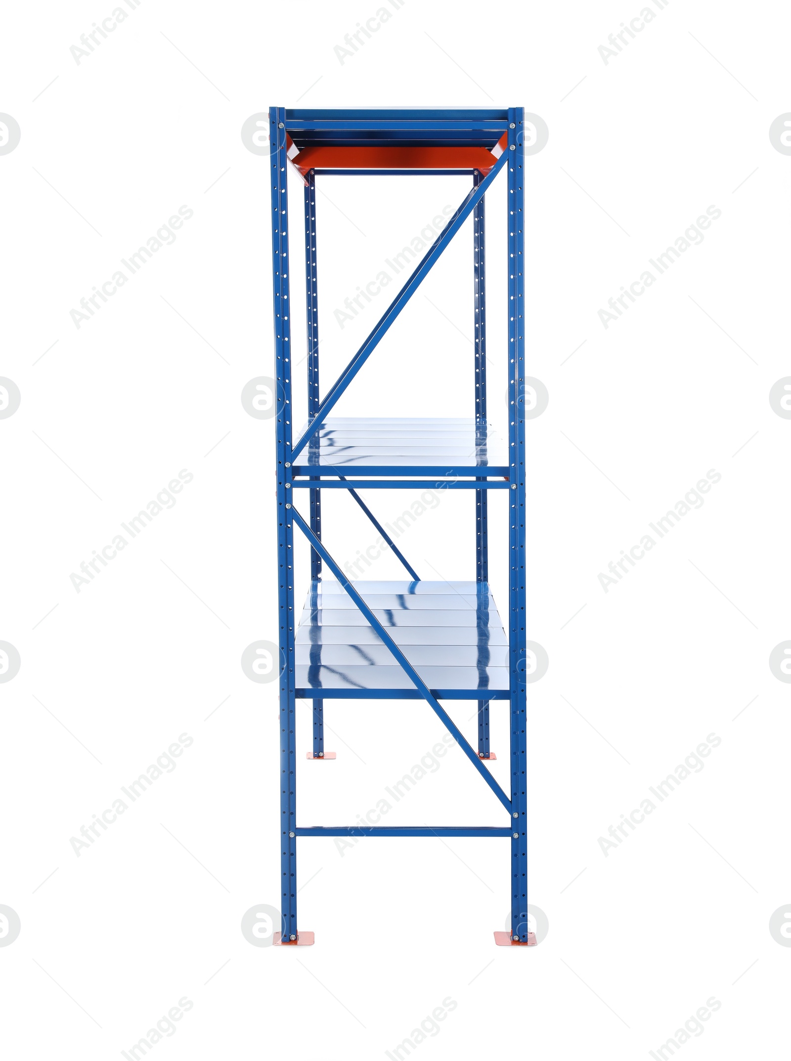 Photo of Empty metal shelving unit isolated on white