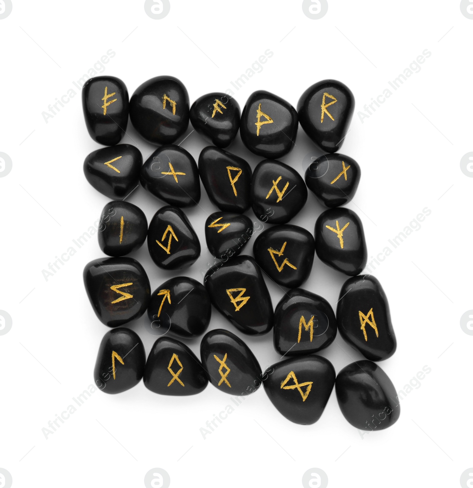 Photo of Many black rune stones isolated on white, top view