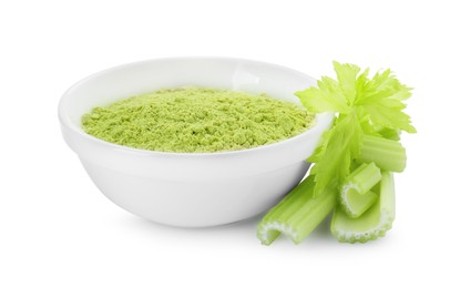 Photo of Bowl of celery powder and fresh cut stalk isolated on white