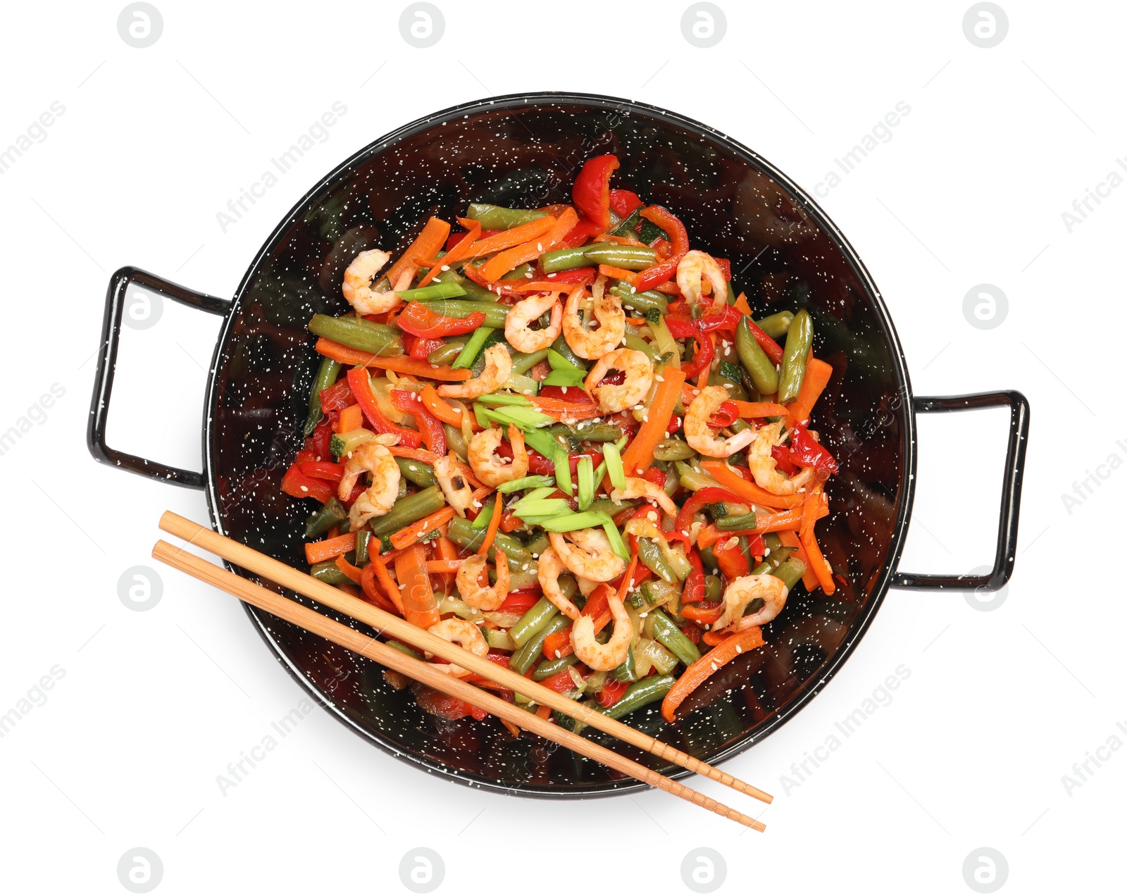 Photo of Shrimp stir fry with vegetables in wok and chopsticks on white background, top view