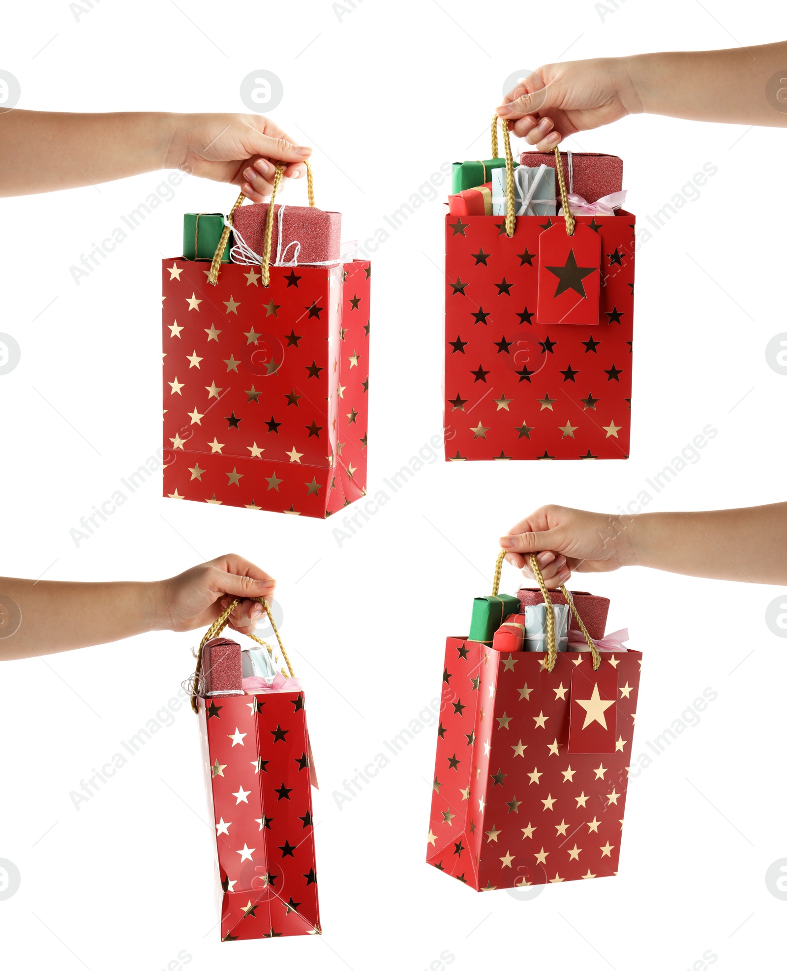 Image of Collage of women holding paper shopping bags with gifts on white background, closeup