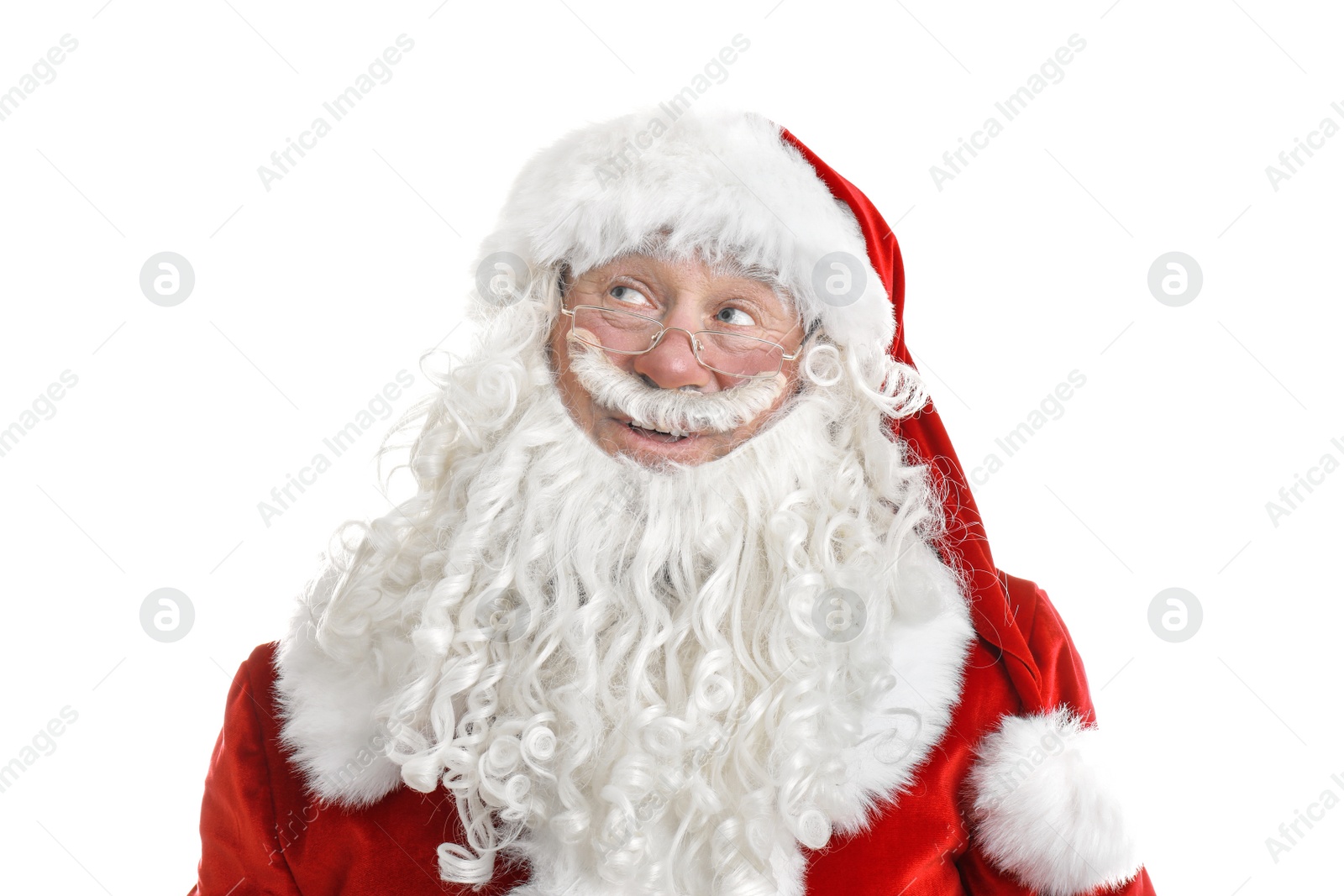 Photo of Portrait of authentic Santa Claus on white background