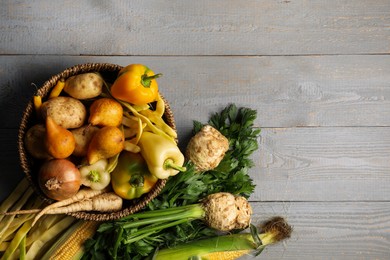 Different fresh ripe vegetables and fruits on grey wooden table, flat lay. Space for text