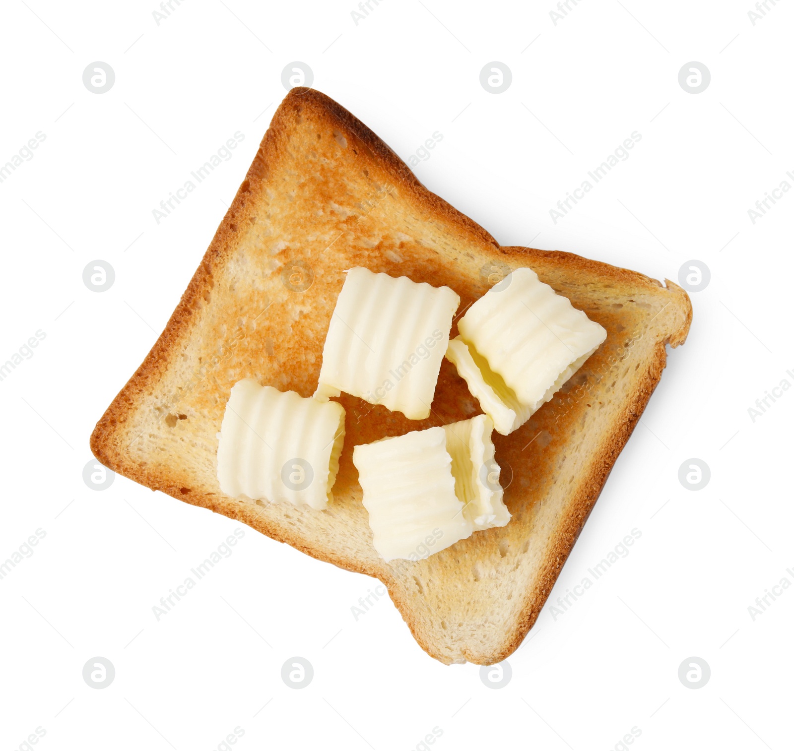 Photo of Tasty butter curls and toast isolated on white, top view