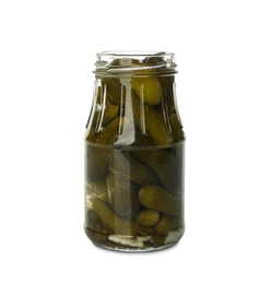 Photo of Jar of pickled cucumbers isolated on white