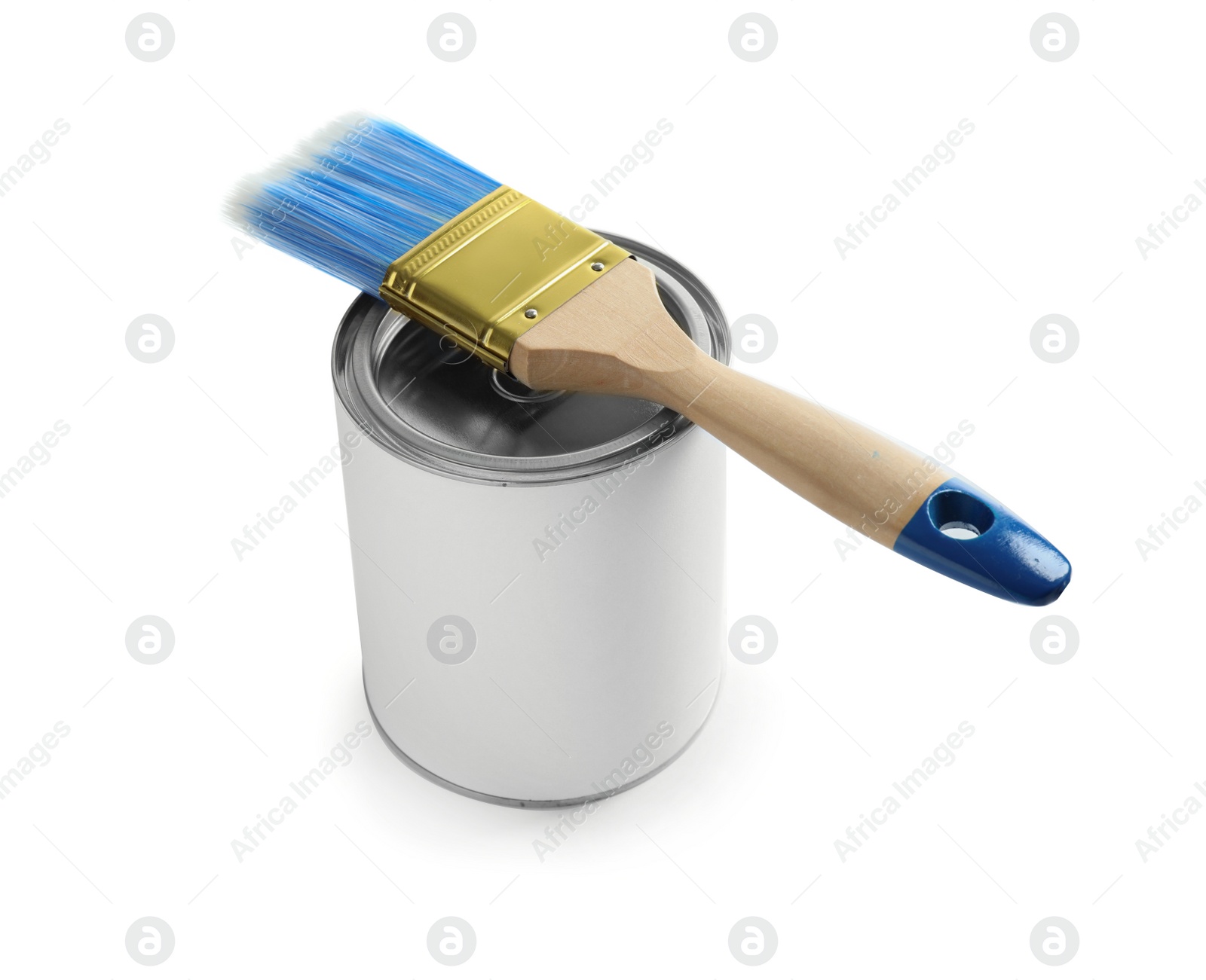 Photo of Closed blank can of paint with brush isolated on white