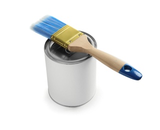 Photo of Closed blank can of paint with brush isolated on white