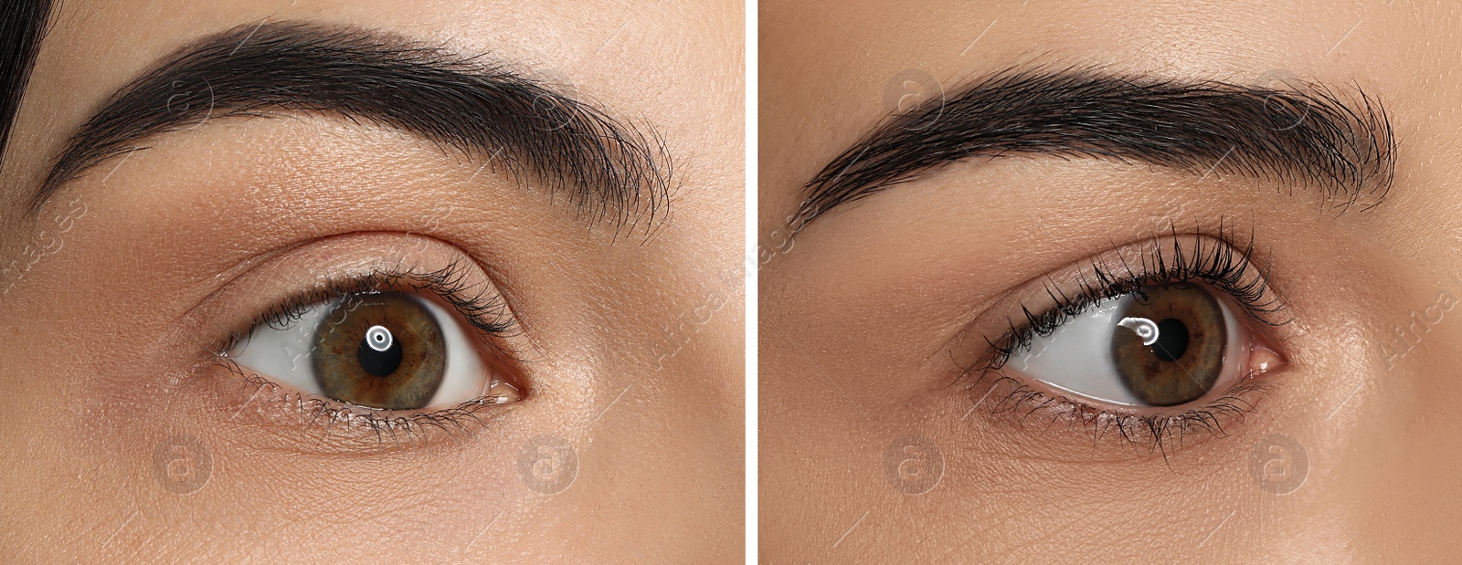 Image of Collage with photos of woman before and after eyelash lamination procedure, closeup. Banner design