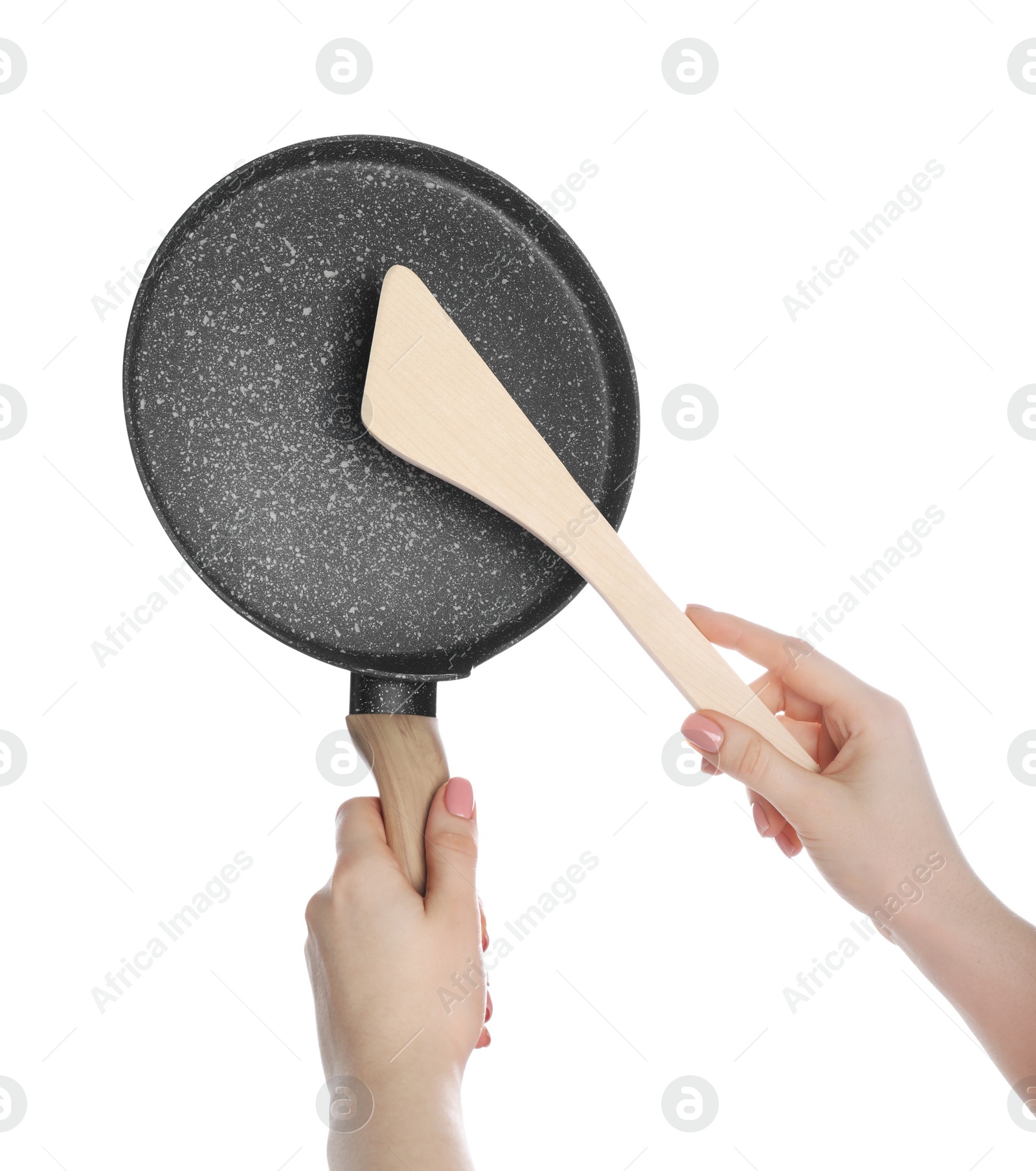 Photo of Woman with spatula and frying pan on white background, closeup