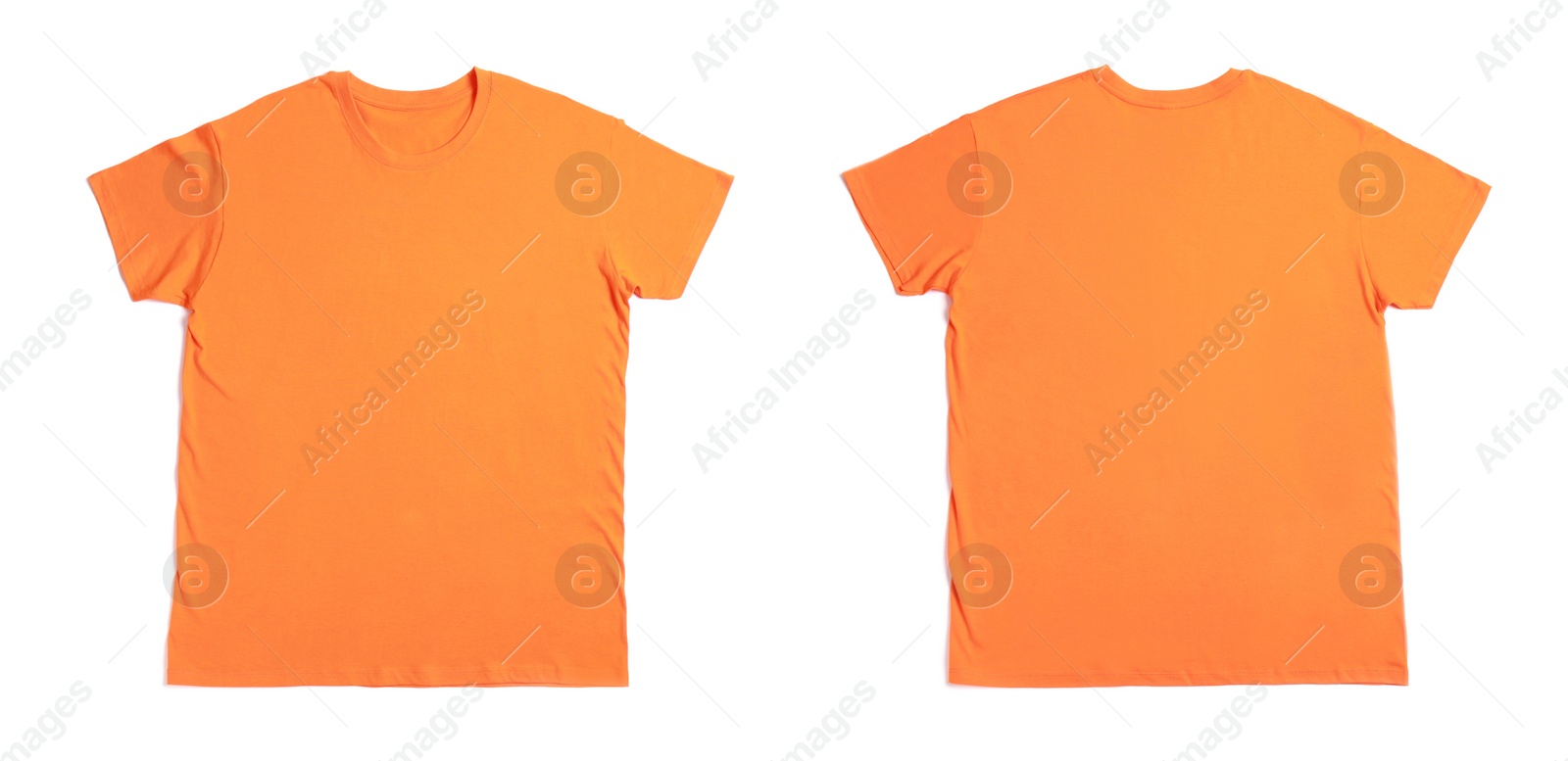 Image of Orange t-shirt with space for design isolated on white. Back and front views