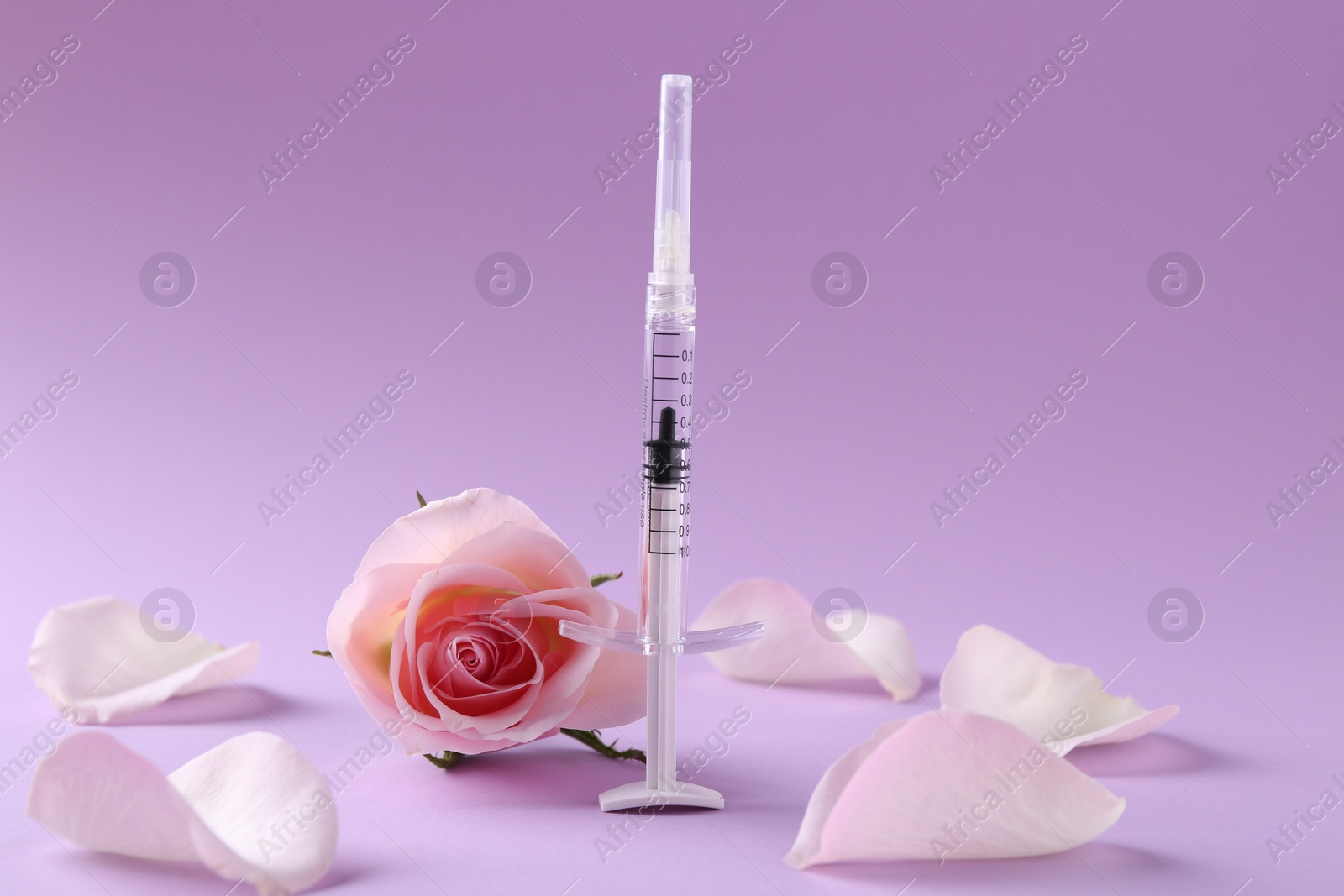 Photo of Cosmetology. Medical syringe, rose flower and petals on pink background