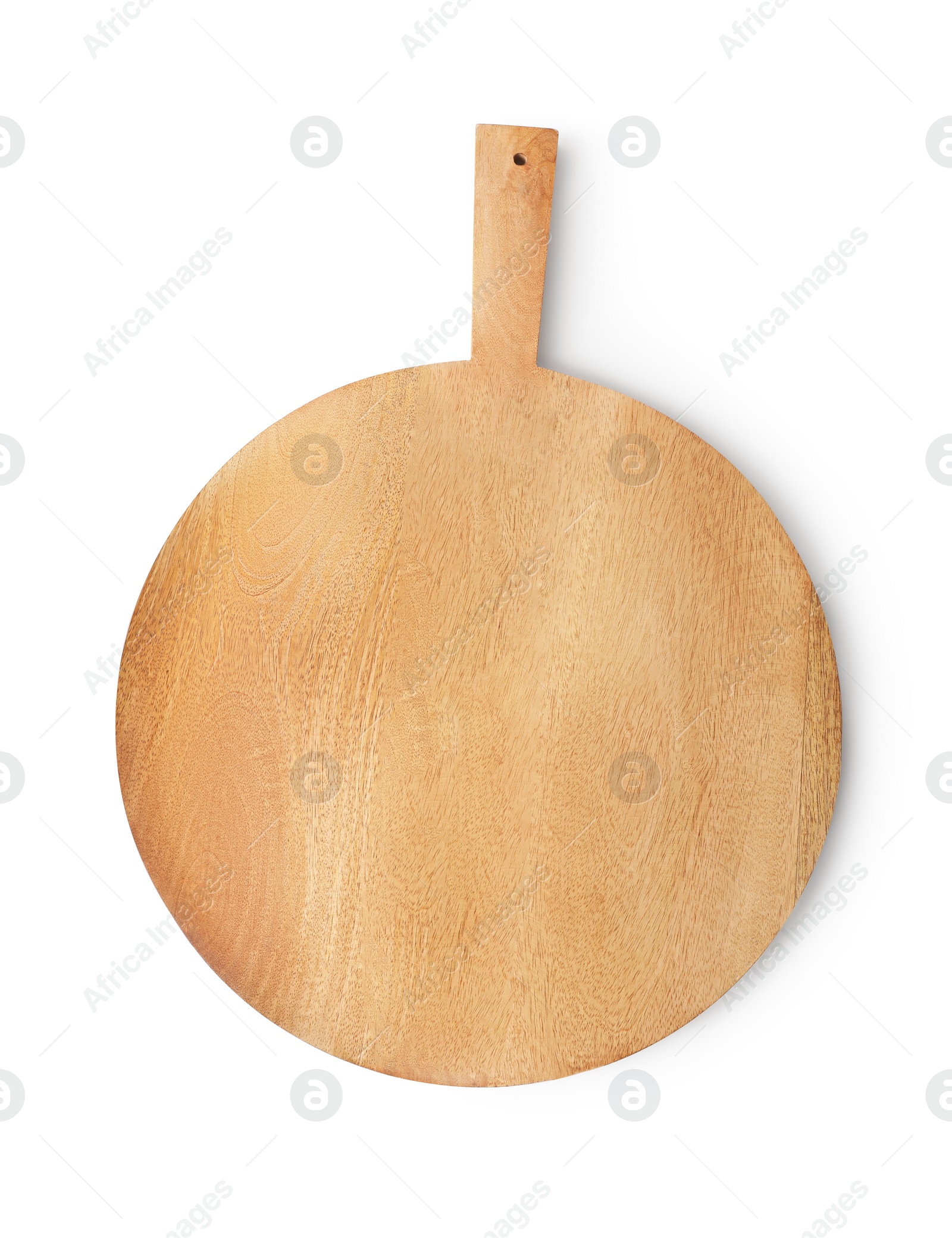 Photo of Wooden cutting board isolated on white, top view. Cooking utensil