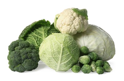 Photo of Many different fresh ripe cabbages on white background