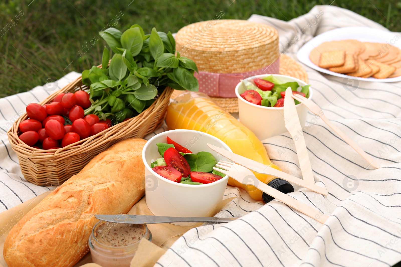 Photo of Picnic blanket with juice and food on green grass