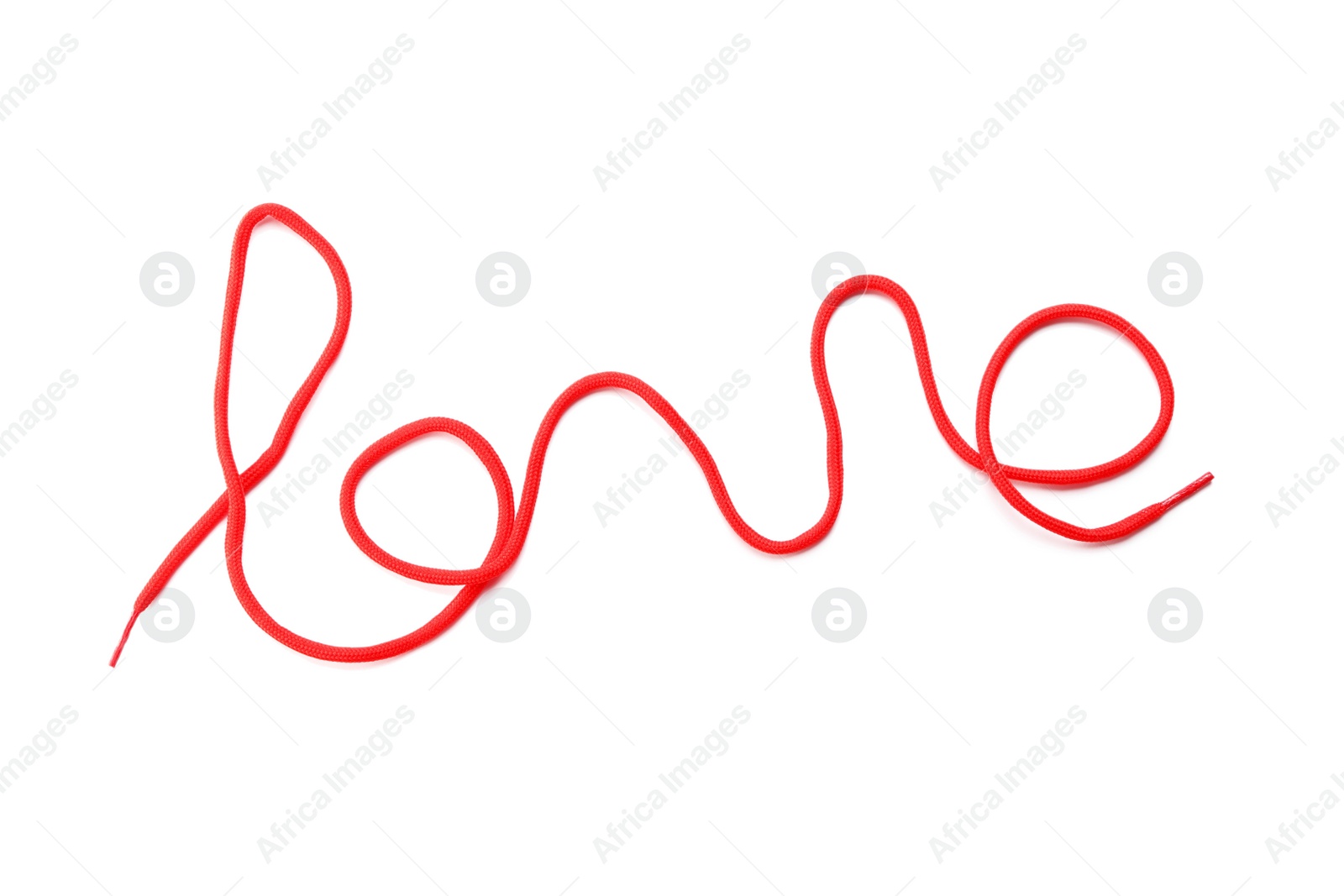 Photo of Word Love made of red shoe lace isolated on white, top view