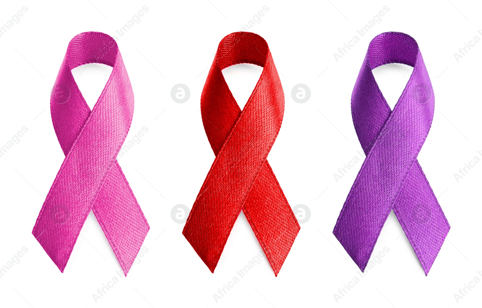 Image of Set with different color ribbons on white background. World Cancer Day